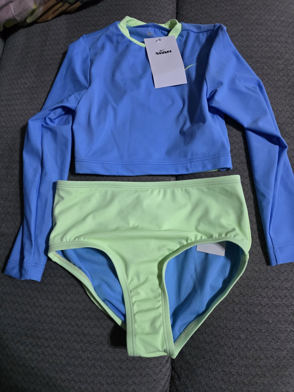 Nikes Kids Two-Piece Long-Sleeve Rash Guard Set in Blue and Mint